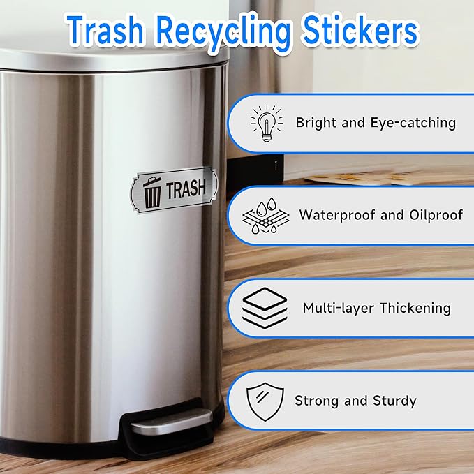 3PCS Recycle Stickers for Trash Bins, Self-Adhesive Waterproof Brushed Silver Trash Compost and Recycling Stickers for Trash Can, Kitchen, Office, Garbage Bin Indoor, Outdoor Use