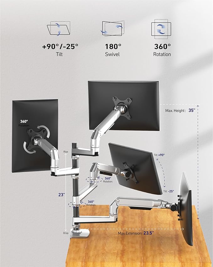 Ergounion Quad Monitor Mount, Holds Screens up to 40 Inches and 25 lbs, Fully Adjustable 4 Monitor Mount with C-Clamp and Grommet Base, Aluminum, Silver