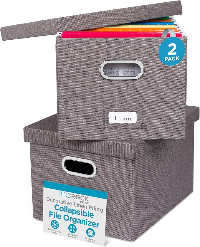 Internet's Best Collapsible File Storage Organizer with Lid - Decorative Linen Filing & Storage Office Box – Hanging Letter/Legal Folder – Home Office Bins Cabinet – Grey Container - 2 Pack