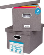 Internet's Best Collapsible File Storage Organizer with Lid - Decorative Linen Filing & Storage Office Box – Hanging Letter/Legal Folder – Home Office Bins Cabinet – Grey Container - 2 Pack