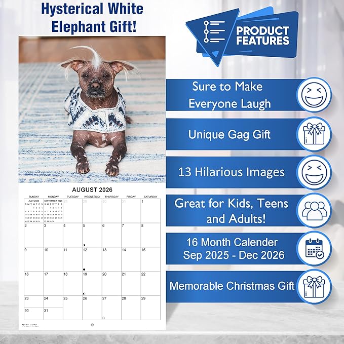 2026 Ugly Dogs Monthly Wall Calendar | Funny White Elephant Gift Gag Gift Calendar September 2025 - December 2026
