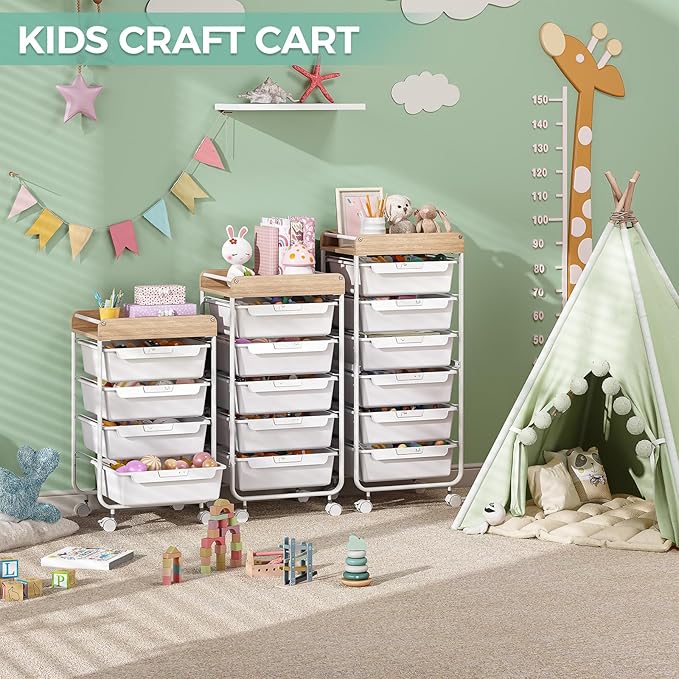 Rolling Storage Utility Cart With 4 Drawers,Kids Craft Art Cart,Makeup Organizer And Storage with Wooden Tabletop,White