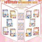 TaoBary 160 Pcs Stationery Paper Set 50 Double Sided Stationery Papers with 50 Matching Envelopes and 60 Round Dot Sticker, 10 Design(Bright Floral,5.5 x 8.25 Inch)