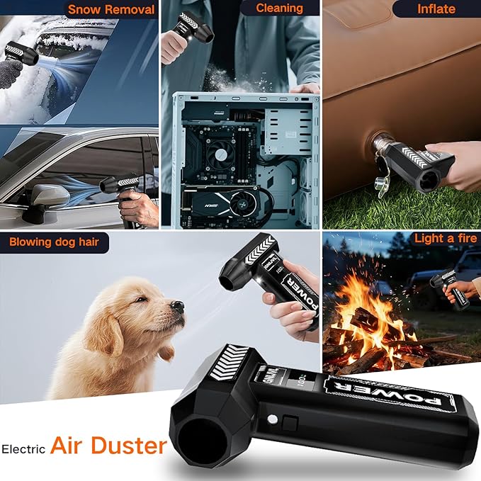 Electric Air Duster, 150000RPM Brushless Motor 4-Gear Adjustable Compressed Air Duster with LED Light,One-tap Booster with 8000mAh Rechargeable Battery, With storage bag for PC, Car, House, Outdoor