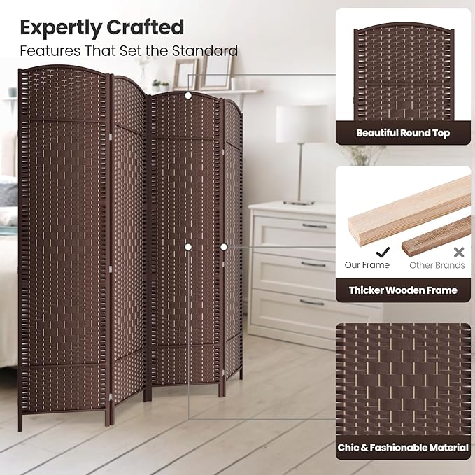 Cocosica 4 Panel Room Divider,6Ft Folding Privacy Screen,Tall - Extra Wide Foldable Panel Partition Wall Divider with Diamond Double-Weaved Hand-Woven Design Room Screen Divider