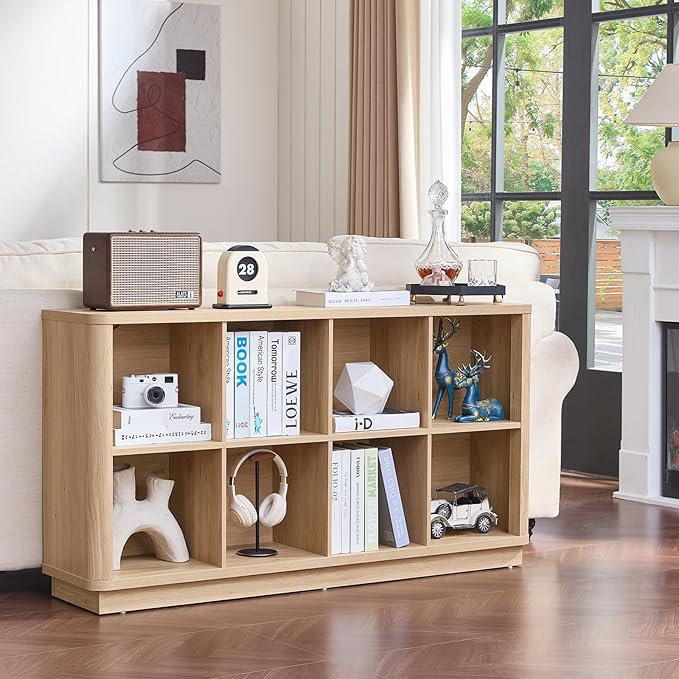 Joaxswe 8 Cube Storage Book Shelf, 52" Long Horizontal Bookshelf with Curved Edge, Floor Standing Wooden Cubby Bookcase with Base, Modern Low Console Book Case, TV Stand for Living Room, Natural Oak