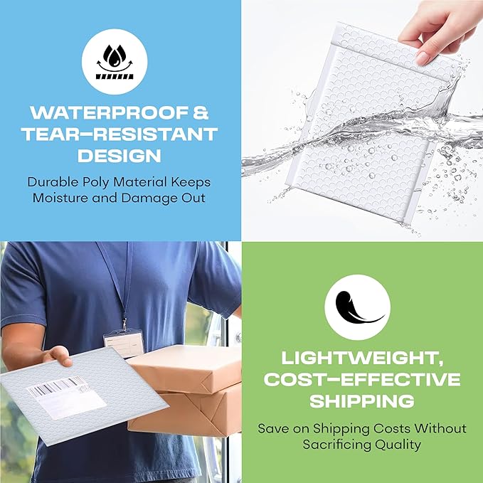 White Small Poly Bubble Mailers 5x10 inch #00 | Self Seal Padded Envelopes | Cushioned Bubble Mailer | Usable Size 5x9 | WaterProof | Lightweight mailing Shipping Bags | 250 Pack Bulk | Made In USA