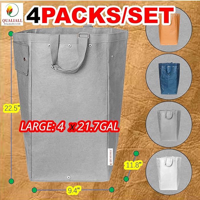 QUALIALL Kitchen Recycling Bin, Large Washable Paper Bags - Sturdy, Foldable, Space-Saving - Multipurpose Trash Can for Kitchen, Garden, and Indoor Use, 4 Colors, 4 Packs/Set