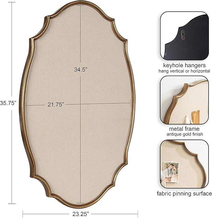 Kate and Laurel Leanna Decorative Scalloped Metal Pinboard; 24 x 36; Gold; Framed Rounded Oval Vintage Bulletin Board for Unique Display; Organization; and Decor