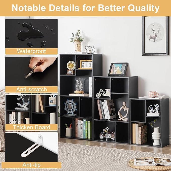 VECELO Wide Bookshelf Set, Fits 9.3" × 10-12.8" Hardcovers, Cube Storage Bookcases, Free-Standing for Living Room, Bedroom, Home Office, 3/4-Tier, 2-Pack, Black