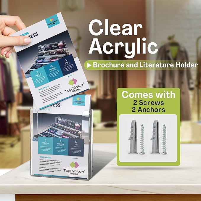 Top Notch Displays Acrylic Brochure Holder for Wall Mounting, Clear Display for 8.5" x 11" Flyers, Literature Holder for Magazines, Pamphlets, Menus, Includes Screws & Plastic Anchors – Pack of 2