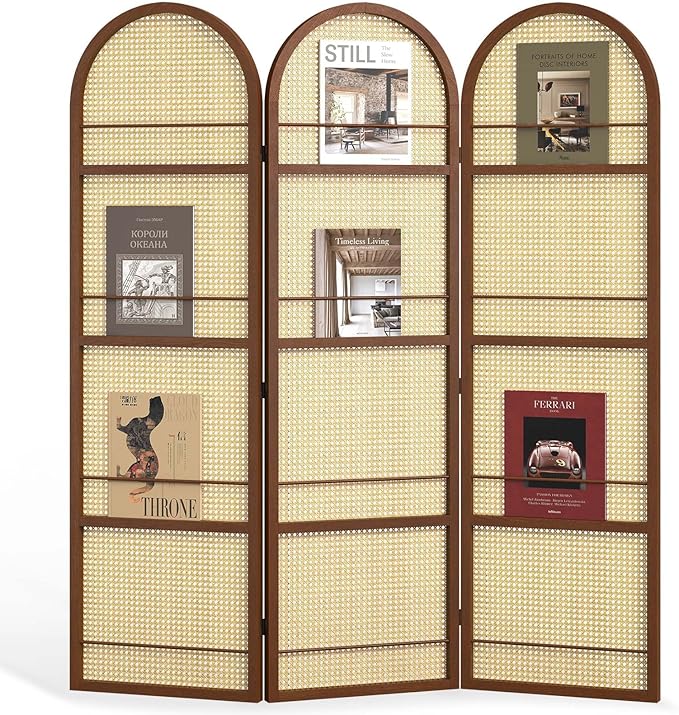 Rattan Room Divider with Bookshelf,Privacy Screen for Home Office & Bedroom,Portable Partition, Wooden Frame