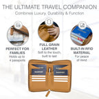 Full Grain Leather Family Passport Holder for 4 Passports - RFID Passport Holder and Travel Document Organizer - Large Leather Travel Wallet for Families - Camel
