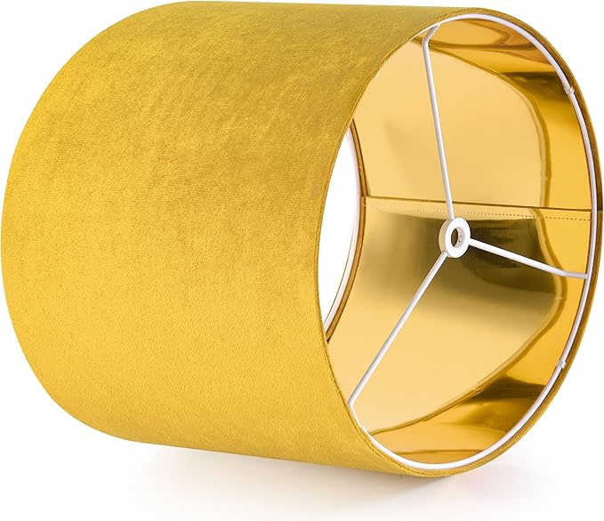 GO&SO Yellow Velvet Drum Lamp Shade Set of 2 Medium 13" Top x 13" Bottom x 10" High(Spider) Modern Lamp Shades For Table Lamps & Bedside Lamp Replacement Lampshade, Hand Crafted, Required Assembly