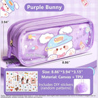 UINSUE Cute Pen case Adorable Bunny Transparent 3-Layer Large Capacity Pencil Case Gadget organizer with Lovely Stickers (Purple-Doggy)