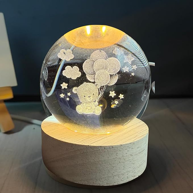 C&M 3D Teddy & Balloon Crystal Ball Night Light,Teddy & Balloon Figurine Lamp,Decorative Glass Sphere Ball Paperweight Crystal Sea Animal Decorations for Home (Teddy & Balloon)