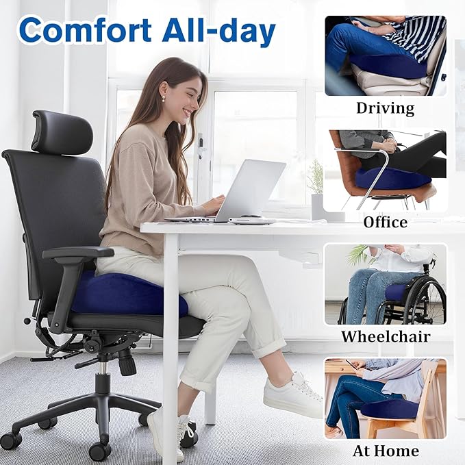 CushyOasis Seat Cushion, Gel Chair Cushions, Office Chair Cushions, Anti-Slip Bottom & Removable Cover Tailbone Pain Relief Cushion, Memory Foam Seat Cushion for Office, Wheelchair, Car (Blue)