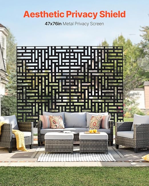 VEVOR Metal Privacy Screen, 47" W x 76" H, Outdoor Privacy Screens 3-Panel, Freestanding Outdoor Divider with Stand, Decorative Garden Steel Privacy Fence for Balcony Patio Indoor Room Hot Tub Black