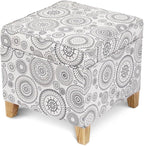 Adeco 17" Square Ottoman with Storage, Small Mandala-Persian Flower Pattern Storage Ottoman Foot Rest with Hinged Lid & Solid Wood Legs, Linen Fabric Foot Stool for Living Room & Bedroom
