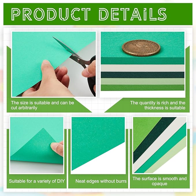 Sinmoe 100 Sheets 5 Shades Cardstock Paper 8.5 x 11 Inches 180gsm Solid Core Printer Paper for Scrapbooking DIY Arts Crafts Making Office Home Supplies (Green Series)