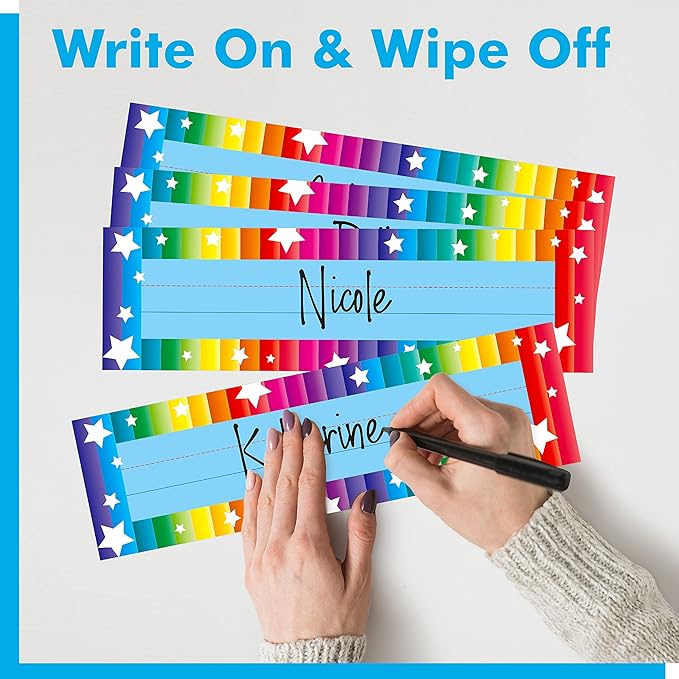 40PCS Desk Nameplates, Desk Name Tags with Double Sided PET Film Colorful Student Name Labels Erasable & Reusable Traditional Manuscript Name Plates for School Classroom Organization (10” x 2.8”)