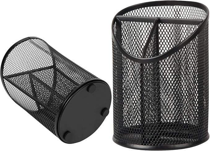 Delifox 2 Pack Pen Holder Mesh Round Pencil Holder Desktop Organizer 3 Compartments, Black