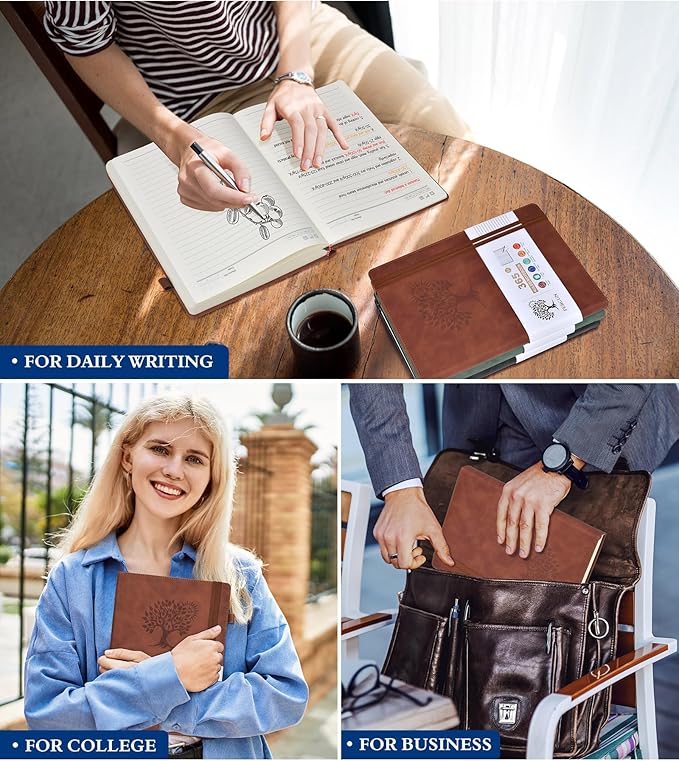 PERCUN B5 Lined Journal Notebook - 365 Page Large Leather Journals for Writing Women Men，Hardcover Notebook with 100Gsm Thick Pages，Daily Diary for Travel, Work，School，College Ruled (7.6" x 10.3")