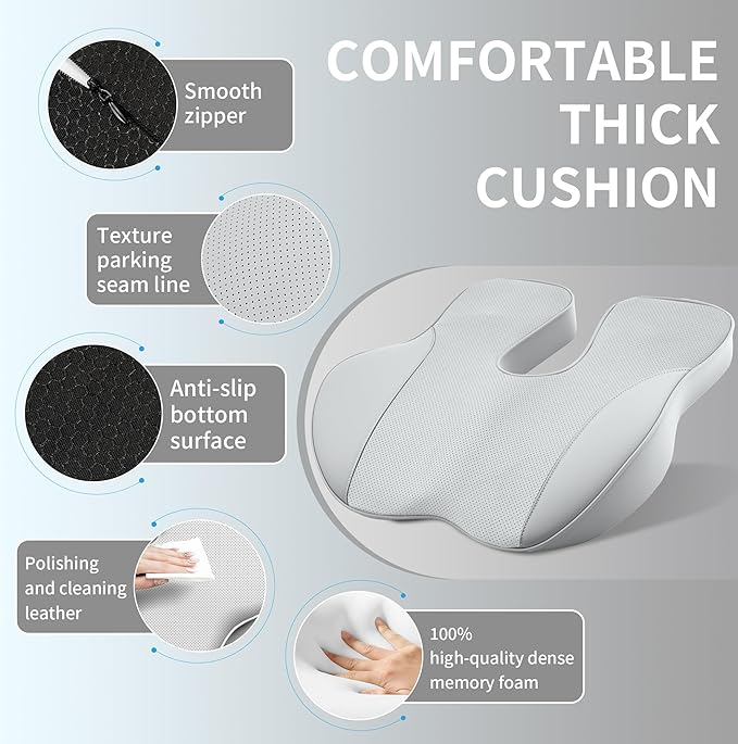 EARJIA Memory Foam Seat Cushion for Office Chair Seat Cushions for Long Sitting Tailbone Pain Relief Anti-Slip Bottom & Removable Leather Cover for Car Gaming Work