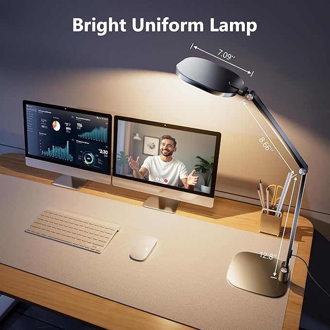 LitONES LED Desk Lamp for Home Office, 15W Computer Zoom Lighting with CRI >95, Memory & Timer Function, 1200LM Dimmable Desktop Ring Light for Video Calls, Conference, Reading, Streaming, Study