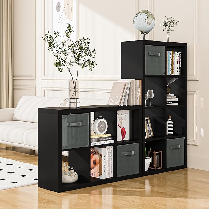 furtble Bookshelf with Storage Bins, 8-Cube Storage Organizer, Modern Wood Open Bookcase, Multifunctional Display Shelf for Living Room, Bedroom, Home Office, Matte Black
