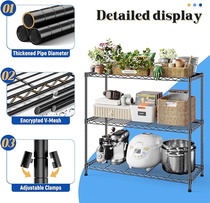 3- Shelf Metal Shelving Unit 35.6Wx14Dx36H,Adjustable Storage Shelves Heavy Duty Garage Steel Shelving for Office,Wire Rack Small Shelf for Kitchen Shelves Laundry Bathroom Pantry Closet Black