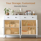 TaskStorz Metal Storage Cabinet with Drawer and Adjustable Shelf, 2-Piece Set White Steel Sideboard Buffet Cabinet, Coffee Bar Cabinet for Kitchen, Dining Room, Entryway
