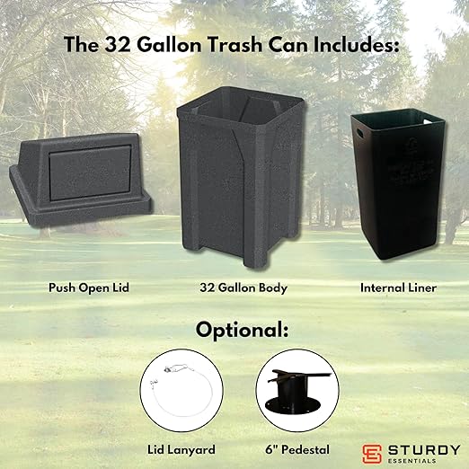 Sturdy Essentials Campus Collection 32 Gallon Square 100% Recycled Plastic Heavy Duty Commercial Indoor or Outdoor Trash Can with Push Lid | Great for Schools and Businesses - Dark Granite
