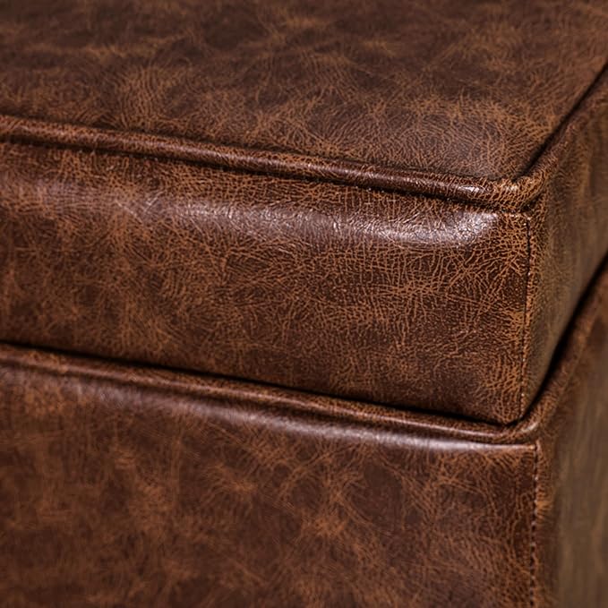 Adeco 17" Storage Ottoman Foot Rest Stool, Dark Brown Leather Ottoman with Black Solid Wood Legs and Hinged Lid, Small Foot Stool for Living Room, Bedroom