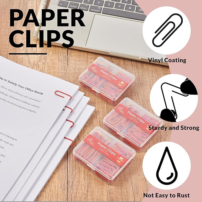 NEEWAY Colorful Paper Clips Assorted Sizes, Small and Large Paperclips, 210 Count, 3 Pack of 70 (Red)