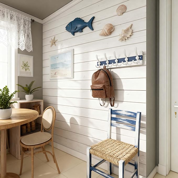 SKOLOO Coastal Wall Mounted Coat Rack - 16-7/8" Beach House Entryway Wooden Coat Hook with 5 Hooks for Hanging Coats, Hats or Towels, Oceanfront Cottage Core Collection, White & Blue