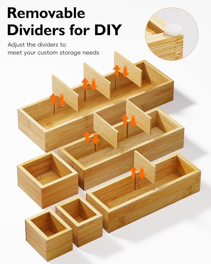 VA1KENE 6PCS Desk Drawer Organizer Tray with 12 Compartments – Bamboo Office Storage Boxes Set for Junk Drawer Supplies, Utensils, Cosmetics, Jewelry and More