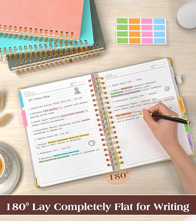 Spiral Notebook Journal with Removable Dividers Tabs, 300 Pages Hardcover Leather 5 Subject College Ruled Notebook, 8"x10" Large B5 Lined Journal for Women Men, Spiral Notebooks for Work School, Beige