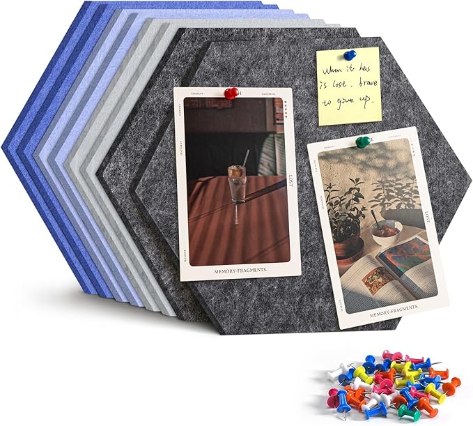 Uoisaiko 12" Large Bulletin Board with 30 Push Pins, Pack of 8 Hexagon Felt Pin Board Notice Boards for Home Office Kitchen, Felt Wall Tiles for Photos Memos