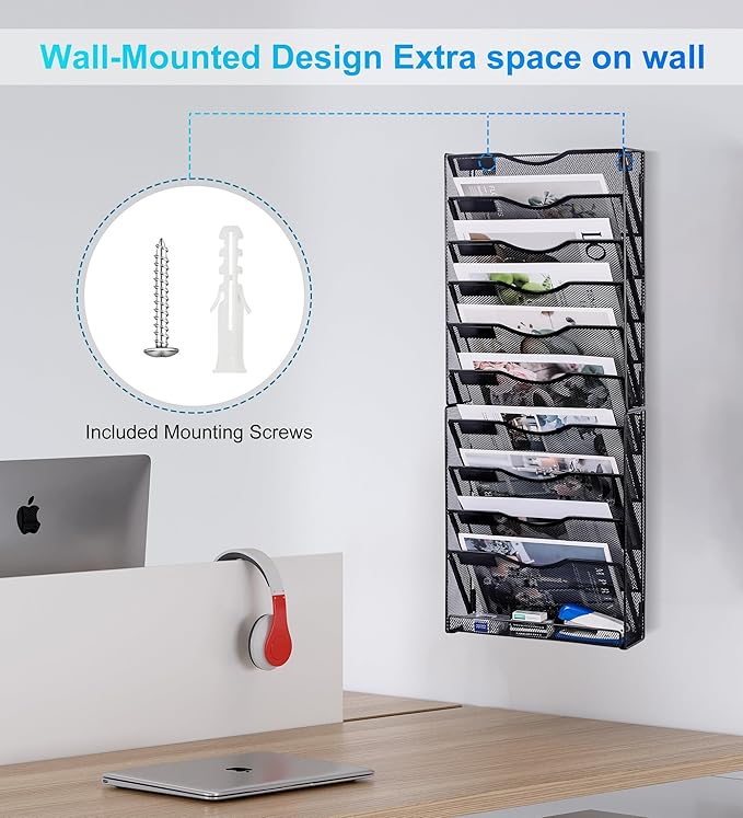 Solinxe 10-Tier Wall File Organizer, Mesh Mail Organizer Wall Mounted Paper Document Holder, Vertical Magazine Rack, Metal Hanging Clipboard Storage Basket for Office Home School Organization, Black