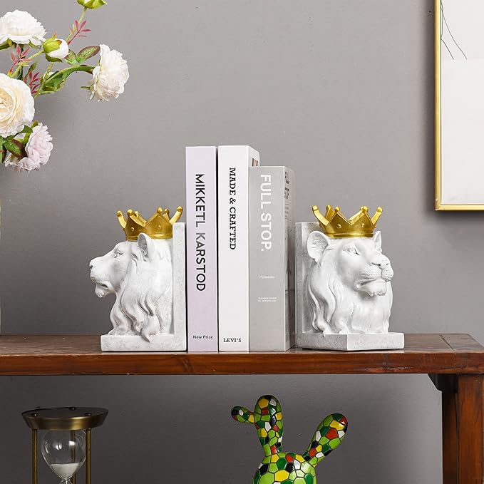 Kakizzy Decorative Lion Bookends - Modern Animal Book Stoppers for Heavy Books - White Lion Figurines
