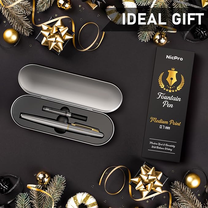 Nicpro Fountain Pen Set with Box, Classic Silver-Gold Fancy Pen with Converter, 0.7mm Medium Nib Smooth Writing Calligraphy, Office, Business, Luxury Gift Pen