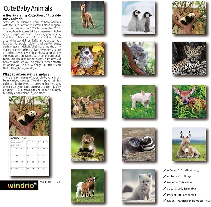 2026 Wall Calendar,Calendar 2026, November 2025 - December 2026, Wall Calendar Baby Animals, 12" x 24" Opened,Full Page Months Thick & Sturdy Paper for Calendar Organizing & Planning
