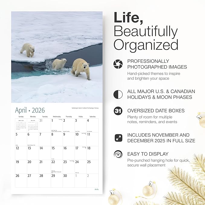 RED EMBER Arctic 2026 Wall Calendar 12 Month | 12" x 24" Open | Thick & Sturdy Paper | Holiday Gift | Travel Calendar 2026
