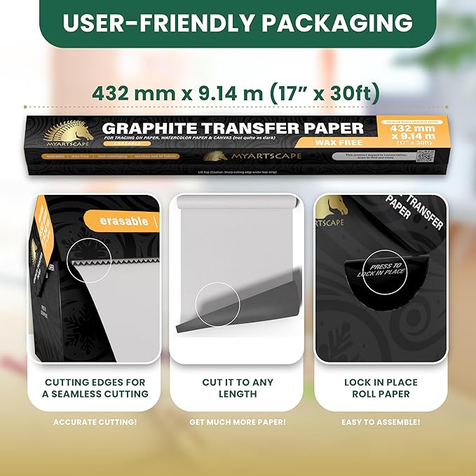 MyArtscape Graphite Transfer Paper Roll – 17" x 30ft Large Tracing Paper – Wax-Free Carbon Paper for Tracing on Canvas, Paper & Wood – Erasable Carbon Transfer Paper for Drawing & Sketching