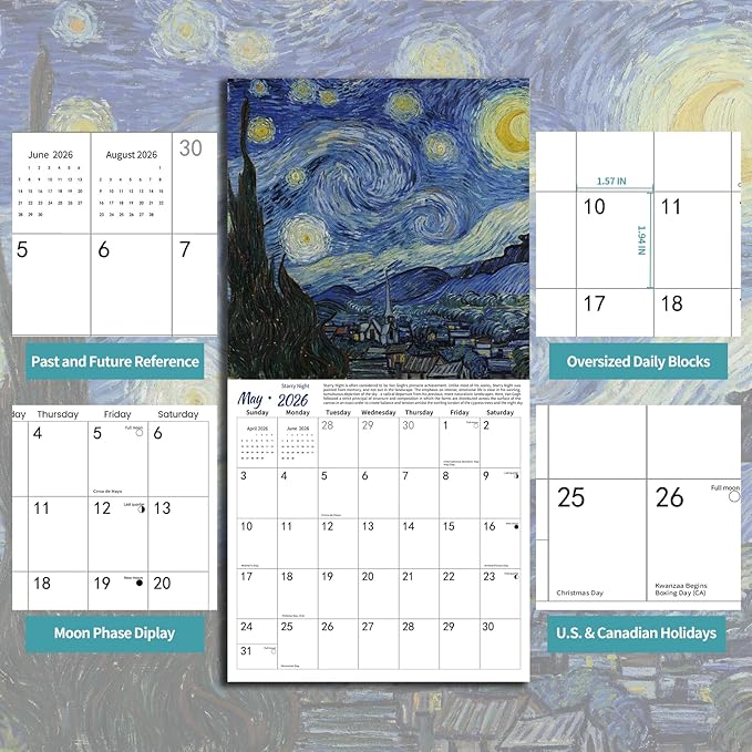 2026 Wall Calendar Art Paintings, 12 Months Wall Calendars, 12" x 24" Opened, Thick Glossy Paper, 2026 Monthly Wall Calendars, Home and Office Organizer