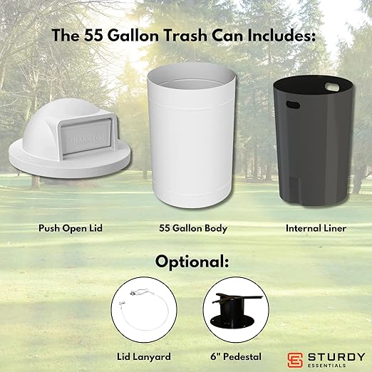 Campus Collection 55 Gallon Round Recycled Heavy-Duty Plastic Commercial Indoor or Outdoor Trash Can with Push Open Dome Lid and Internal Liner | Great for Schools and Businesses - White