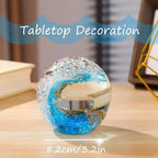 Glass Ocean Waves Ball Paperweight, Hand Blown with Blue, Gold & White Bubble Decoration for Home and Office