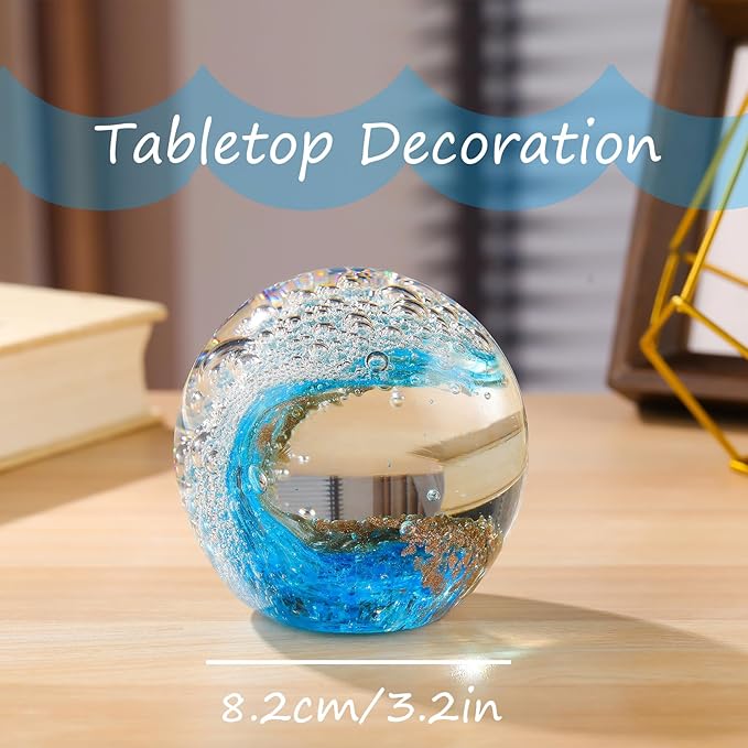 Glass Ocean Waves Ball Paperweight, Hand Blown with Blue, Gold & White Bubble Decoration for Home and Office