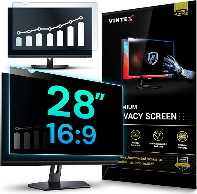 VINTEZ 28 Inch 16:9 Privacy Screen for Computer Monitor and Laptop - Anti Glare Protector Film Blue Light Filter Eye Protection - Computer Screen Privacy Shield, [1 Pack]